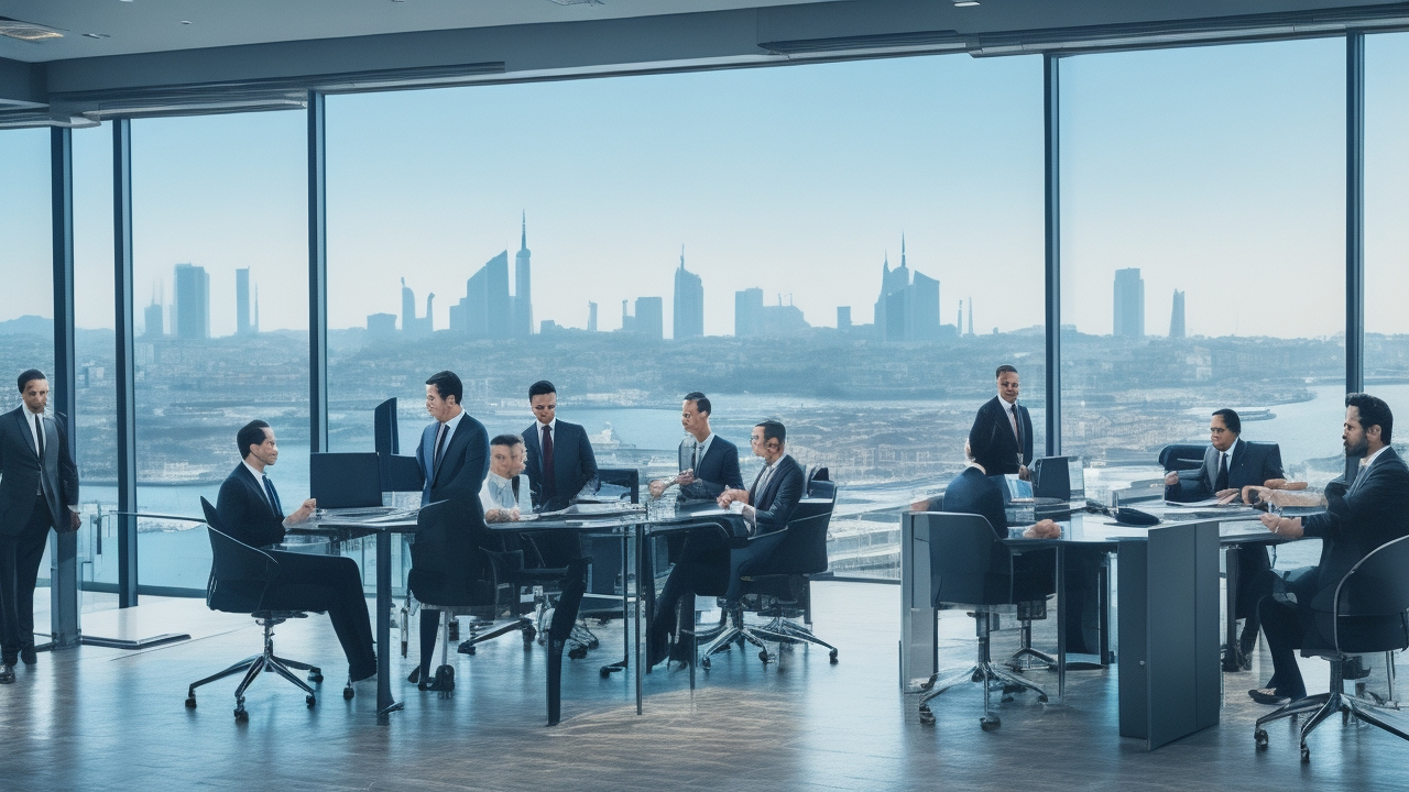 A cinematic editorial photograph of a diverse team of professional businesspeople in a modern office in Istanbul, engaged in a serious discussion over employment contracts and legal documents, with the city skyline and Bosphorus Bridge visible through large windows in the background, capturing the themes of legal compliance and dynamic hiring in Turkey’s 2025 workforce.