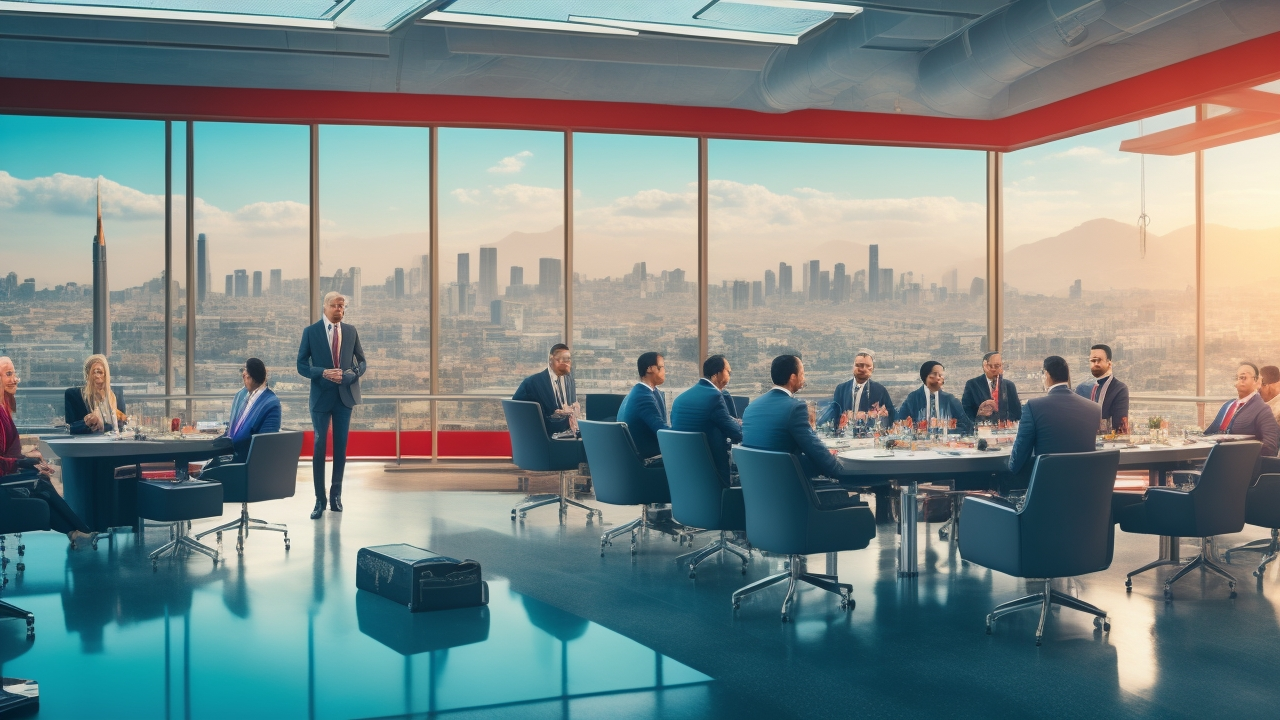 A cinematic editorial photo of a diverse group of professional businesspeople collaborating around a sleek conference table with Turkey’s city skyline and a subtle Turkish flag in the background, symbolizing innovation, legal compliance, and the dynamic Turkish labor market in 2025.