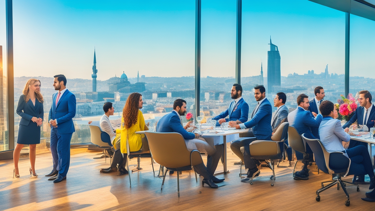 A diverse group of professional recruiters and businesspeople engaged in a modern office setting overlooking Istanbul’s skyline, symbolizing global companies connecting with Turkey’s dynamic talent market through strategic partnership and innovation.