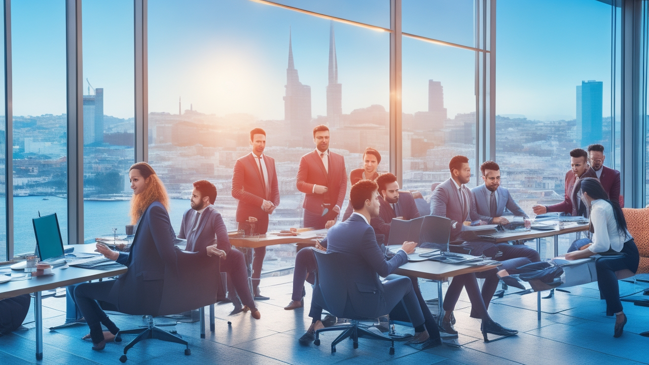 A cinematic editorial photograph of a diverse group of young Turkish professionals collaborating confidently in a modern, sunlit coworking space with sleek technology and cityscape views of Istanbul’s skyline in the background, symbolizing opportunity and innovation in Turkey’s transforming job market.