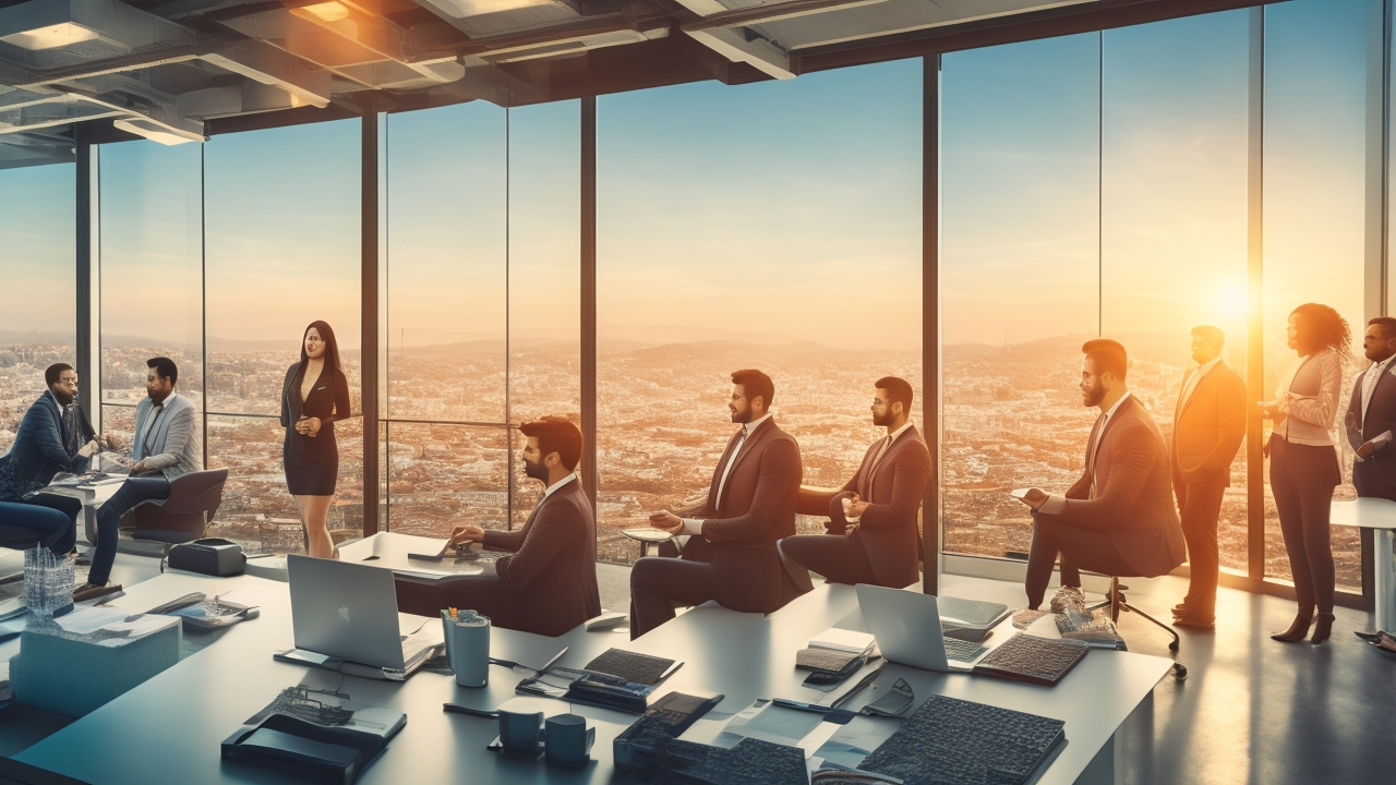 A diverse group of young professionals collaborating in a modern high-tech office with digital cityscape of Istanbul visible through panoramic windows at sunset, symbolizing Turkey’s evolving job market and innovation in 2025.