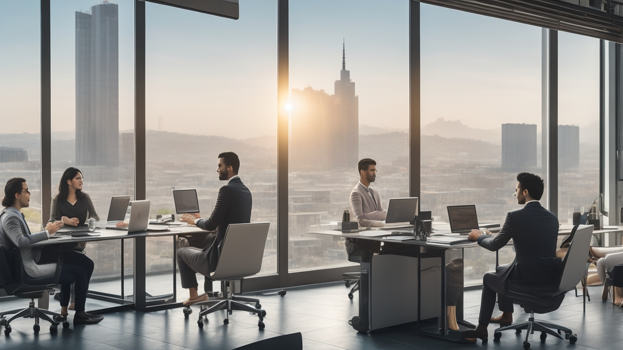A cinematic editorial image of diverse young Turkish professionals collaborating in a modern office with laptops and digital devices, featuring warm natural light, a city skyline visible through large windows, and subtle visual elements hinting at technology, flexibility, and career growth.