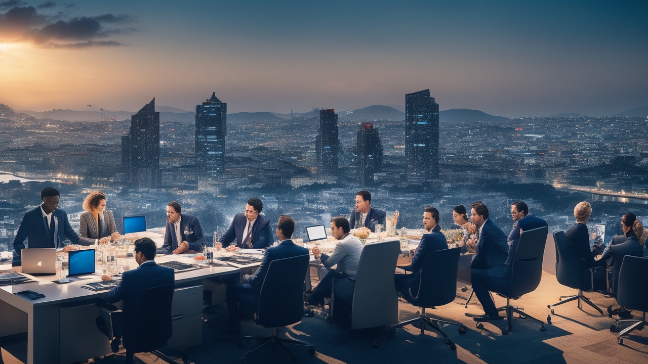 A cinematic editorial image showing a diverse group of professional businesspeople collaborating around a modern office table with digital devices, set against a backdrop of a dynamic Istanbul cityscape at dusk symbolizing global team building and innovative hiring in Turkey.