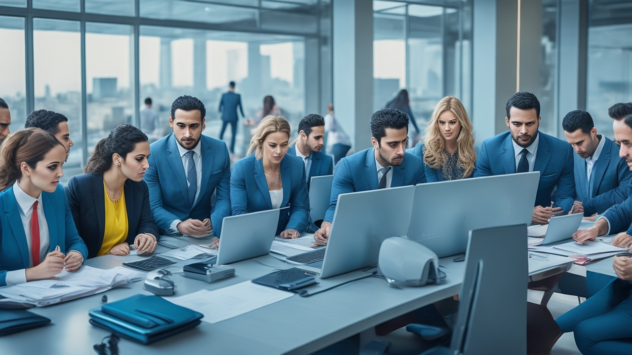 A cinematic editorial photo of a diverse group of engaged, professional employees collaborating in a modern Turkish office, symbolizing talent retention and workforce loyalty amid economic challenges.