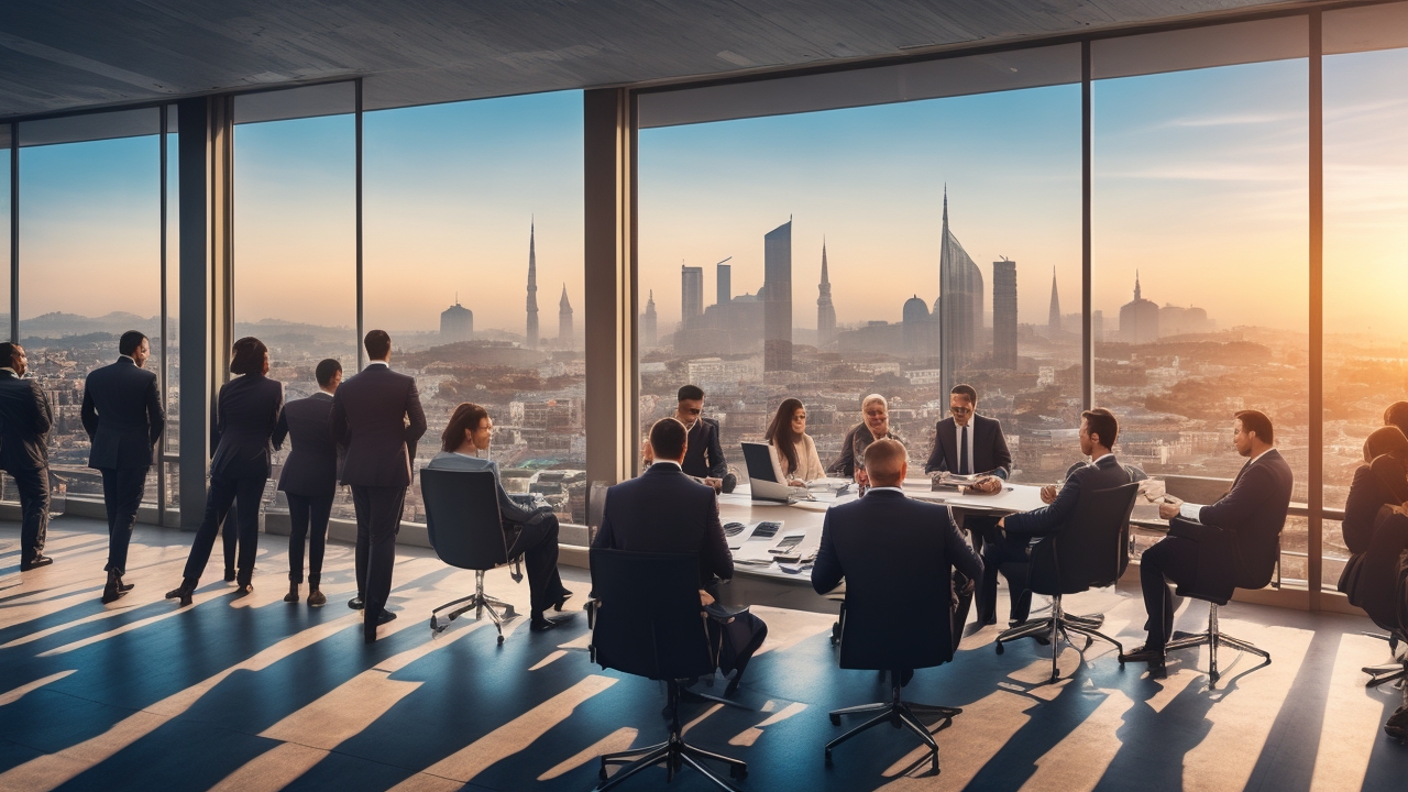 A cinematic editorial photo of a diverse group of professionals collaborating in a modern Turkish office with a panoramic view of Istanbul’s skyline at sunset, highlighting urban business growth and dynamic salary discussions.