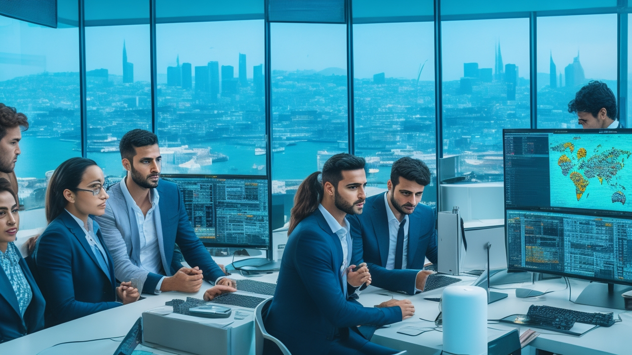 A cinematic editorial photo of diverse young professionals collaborating around high-tech equipment and multiple digital screens displaying abstract code and data visualizations, set in a modern Istanbul tech office with panoramic city views, capturing the dynamic energy of Turkey’s thriving 2026 software engineering and cybersecurity ecosystem.
