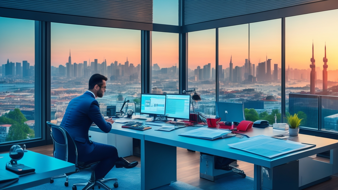A professional business setting in a modern Istanbul office showing a thoughtful HR manager reviewing employee paperwork with a backdrop of city skyline, conveying careful termination and offboarding processes under Turkish labor law.