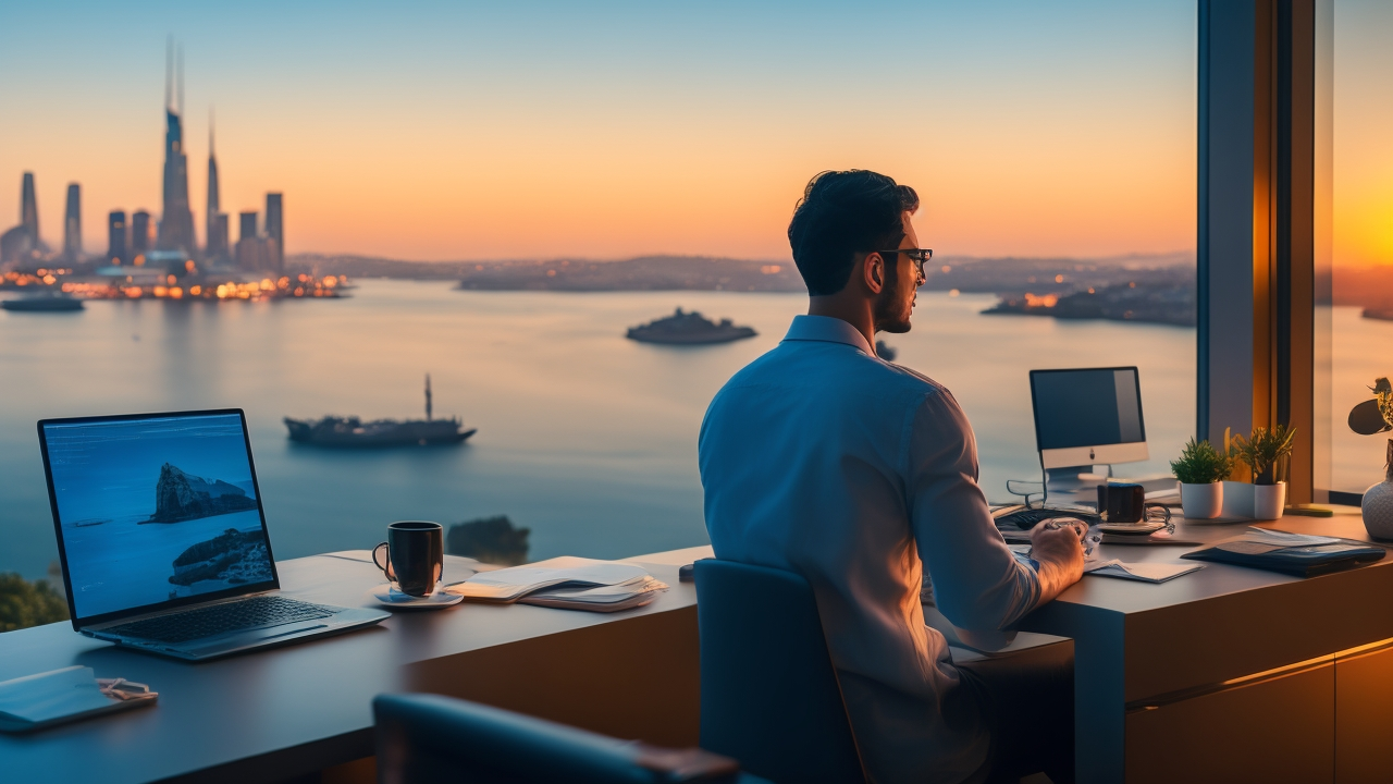 A cinematic editorial image of a young Turkish software engineer working remotely on a laptop in a modern home office overlooking the Bosphorus at sunset, with subtle hints of global connectivity through blurred cityscape views of Silicon Valley, Berlin, and Dubai in the distant skyline.
