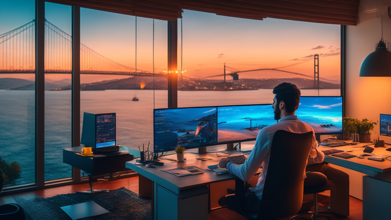 A cinematic editorial scene of a young Turkish software engineer working remotely from a modern home office with a panoramic view of the Bosphorus Bridge at sunset, surrounded by multiple screens showing global collaboration with diverse teams in Silicon Valley and Berlin, conveying innovation, digital connectivity, and the dynamic fusion of local culture with global tech opportunities.