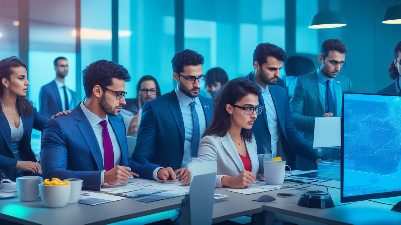 A dynamic, cinematic editorial scene of a diverse group of young Turkish professionals collaborating in a modern high-tech office with digital data overlays and holographic skill graphs, symbolizing rapid workforce growth, salary pressures, and evolving tech-driven talent demands shaping Turkey’s future economy by 2026.