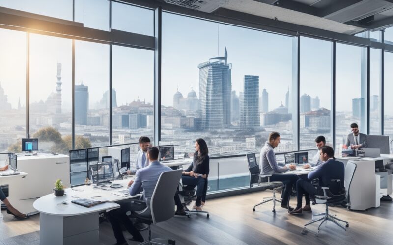 A diverse group of professional Turkish tech and engineering talent collaborating thoughtfully in a modern office with Istanbul’s cityscape subtly visible through large windows, capturing innovation, global connectivity, and dynamic teamwork.