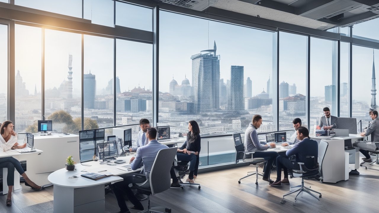 A diverse group of professional Turkish tech and engineering talent collaborating thoughtfully in a modern office with Istanbul’s cityscape subtly visible through large windows, capturing innovation, global connectivity, and dynamic teamwork.